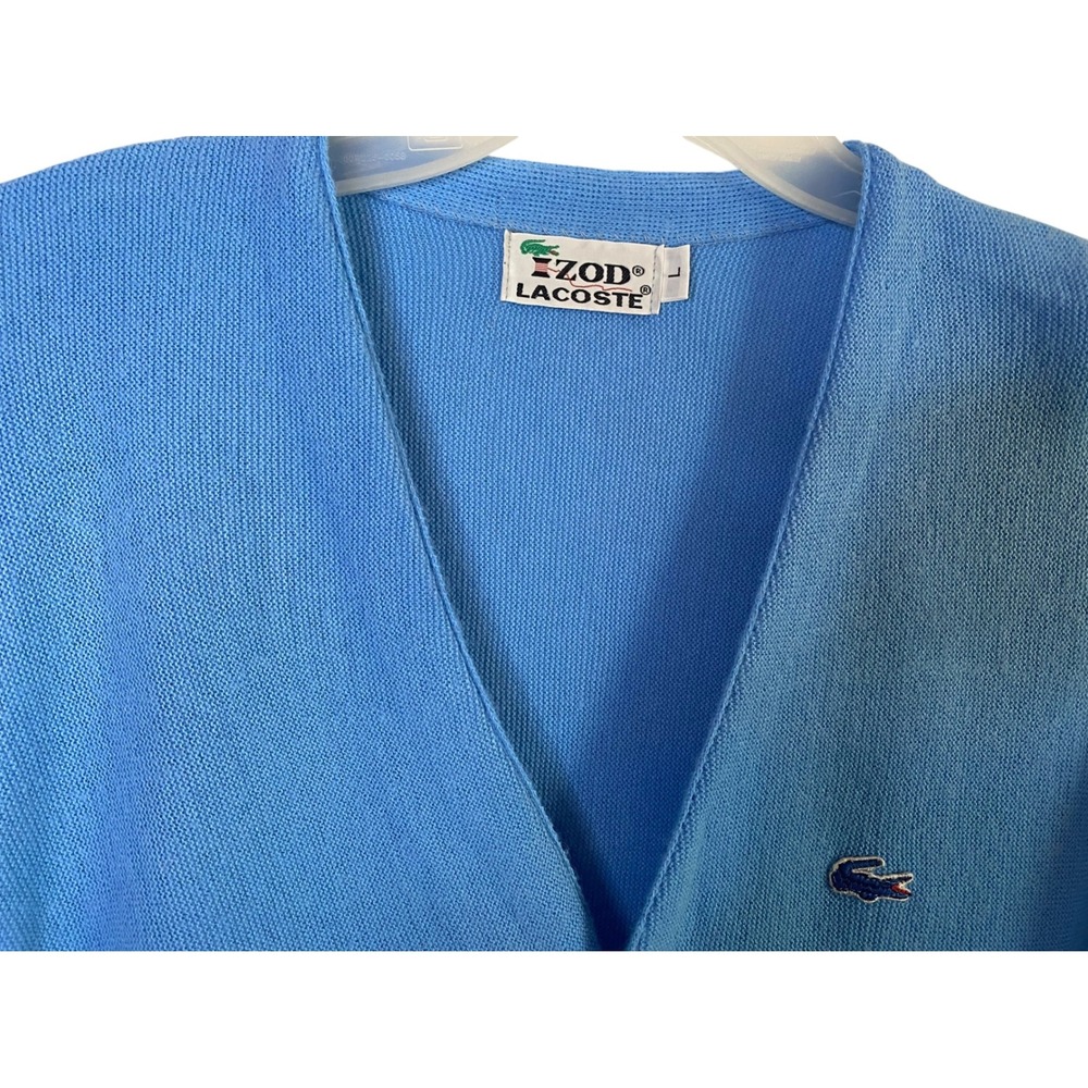 Izod Lacoste Mens Vintage Cardigan Sweater Blue Acrylic Large L Crocodile logo - Picture 4 of 7